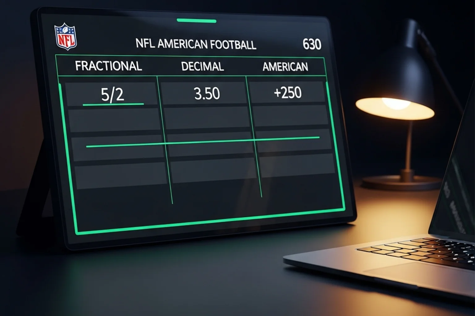 NFL betting odds displayed in fractional decimal and American formats on a sportsbook screen