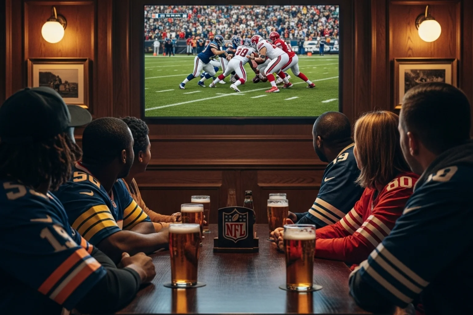 NFL fans watching an American football game in a British pub on a Sunday evening