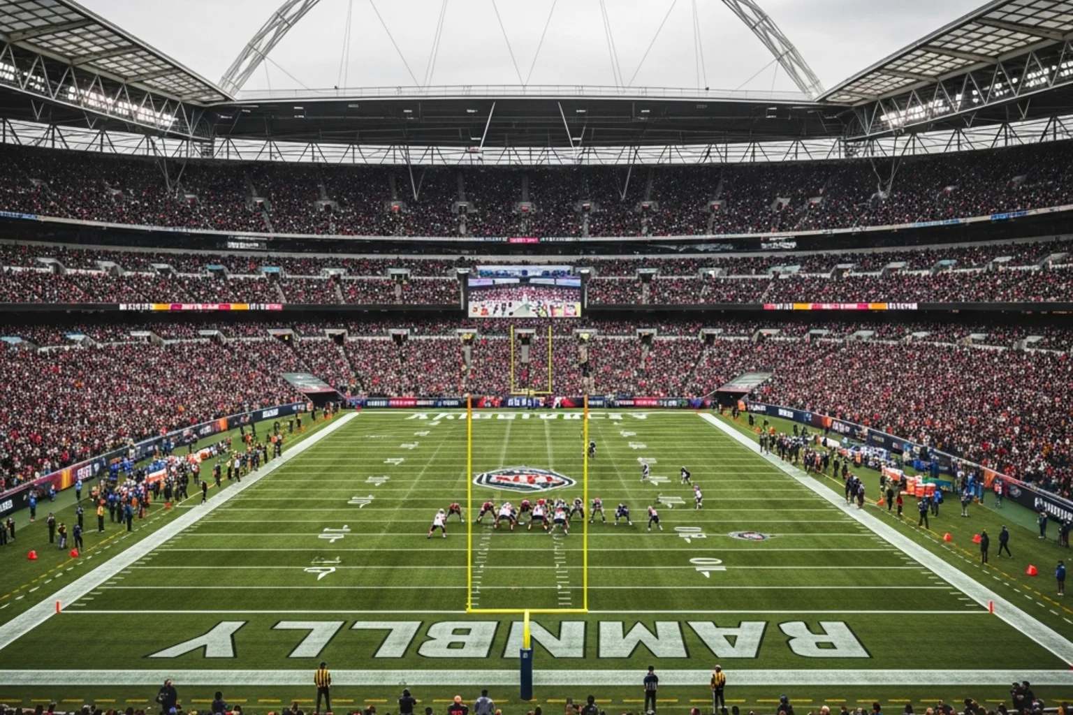 NFL regular season game at Wembley Stadium in London with a packed crowd of British fans
