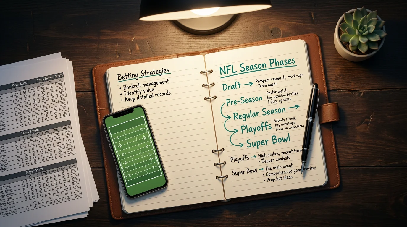 NFL betting season timeline from April draft through February Super Bowl showing key wagering phases