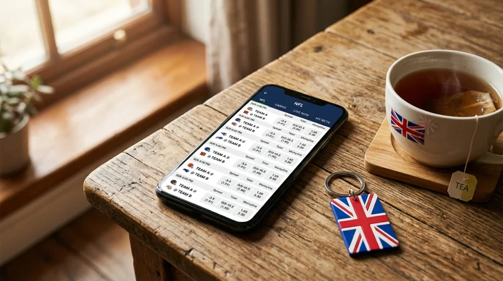 Step-by-step guide showing a UK punter opening a betting account and placing their first NFL wager