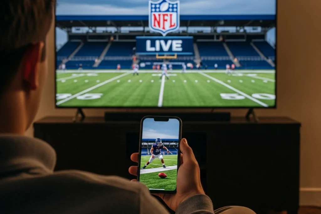 Person holding a smartphone with an NFL live game on television in the background
