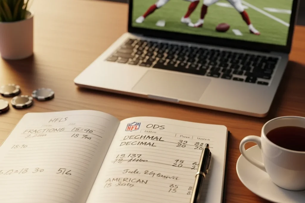 NFL betting odds formats displayed on a sportsbook screen showing fractional decimal and American lines