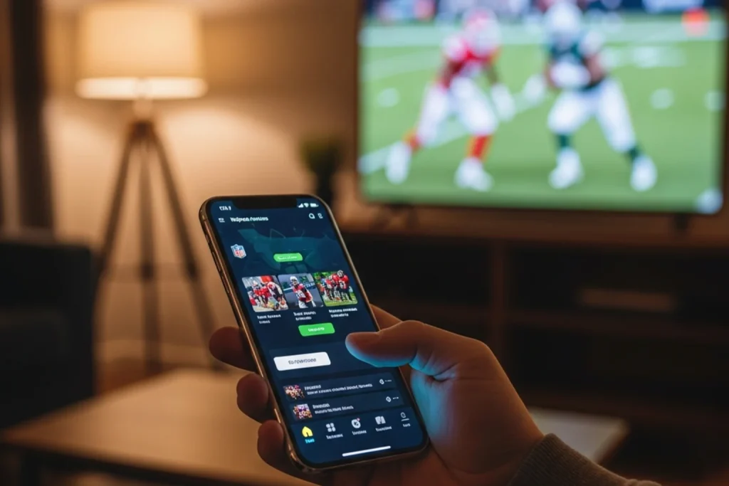 Smartphone held in hand displaying an NFL betting app with promotional offer banners on screen