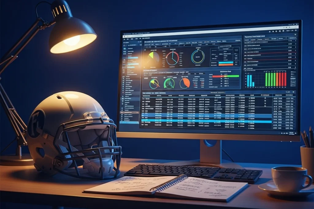 NFL analyst reviewing data-driven betting strategy charts on a laptop screen