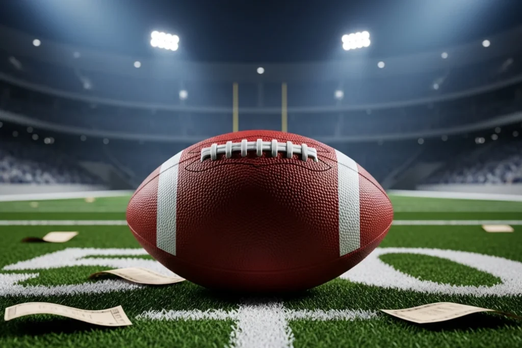 American football on a gridiron field with betting market types overlaid for UK punters