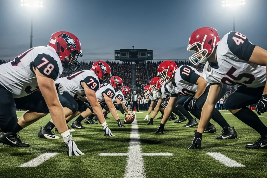 Two NFL teams lined up at the line of scrimmage during a divisional rivalry game under stadium lights