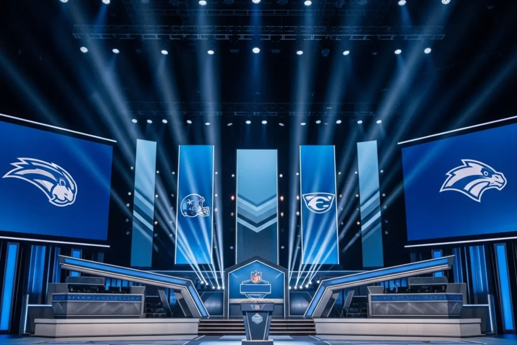 NFL draft stage with a podium and team logos displayed on screens in the background