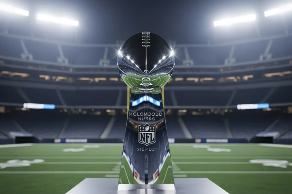 Lombardi Trophy on a pedestal with an NFL stadium in the background during pre-season preparation