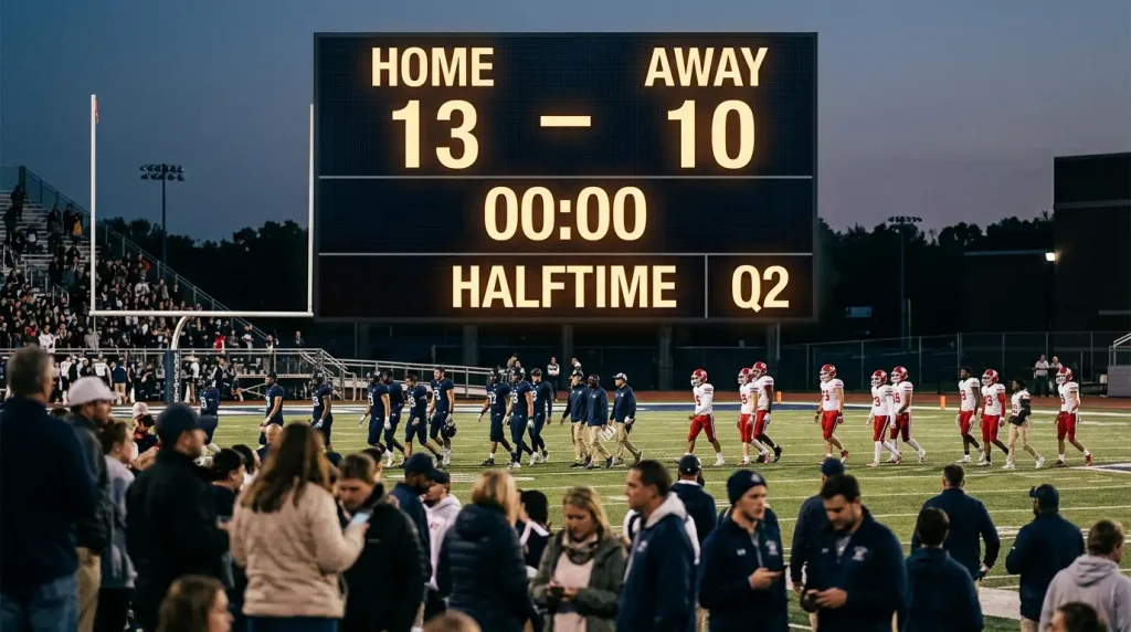 NFL scoreboard at halftime showing second-half spread and total betting lines alongside first-half results