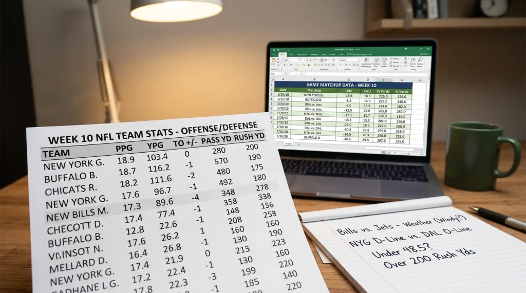Analytical workspace with NFL team statistics, matchup data and a betting line comparison for game handicapping