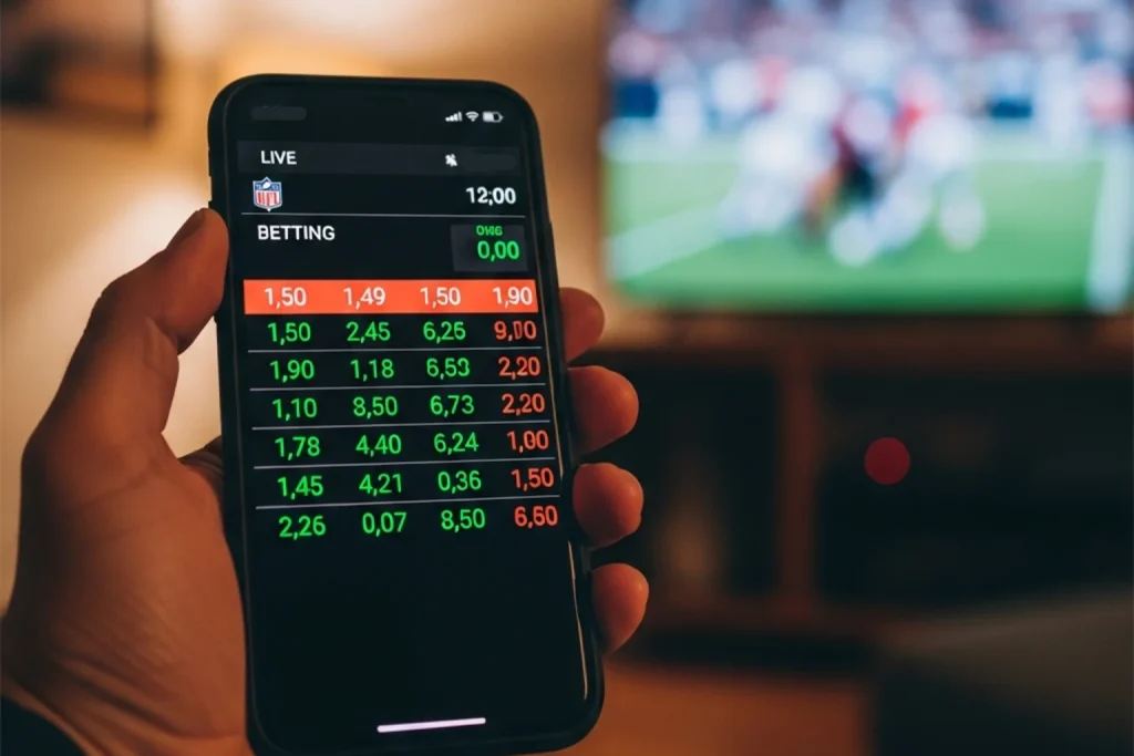 Close-up of a smartphone screen showing live NFL betting odds during a game in a stadium setting