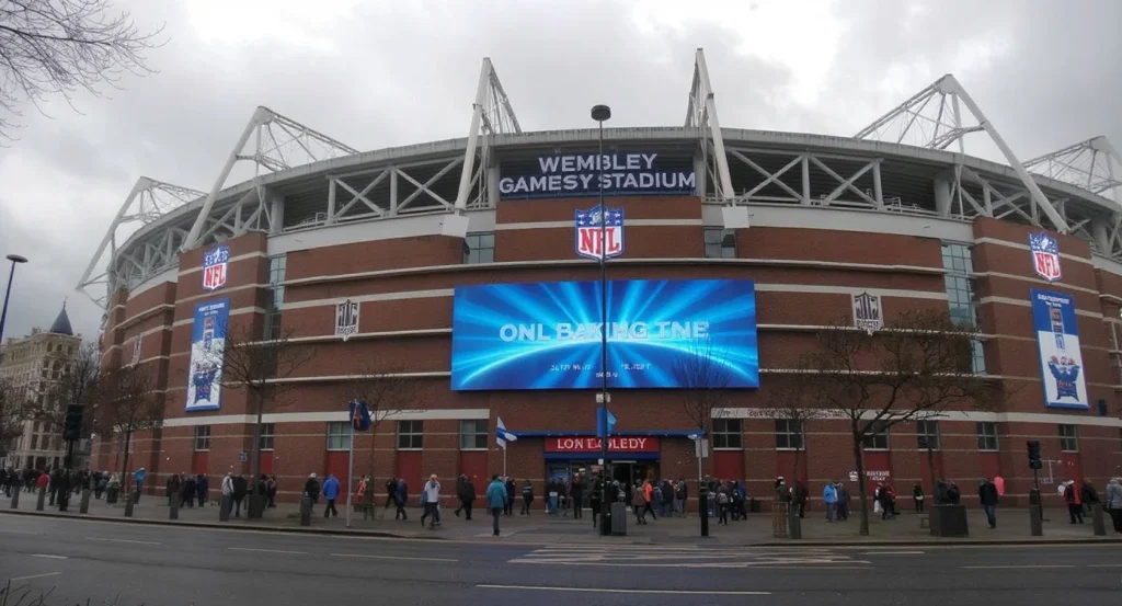Wembley Stadium exterior with NFL signage and American football branding on a London game day