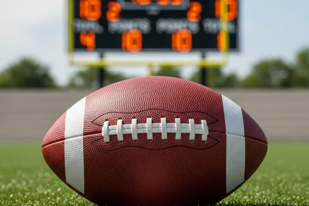 American football on a grass field next to a stadium scoreboard displaying a combined points total