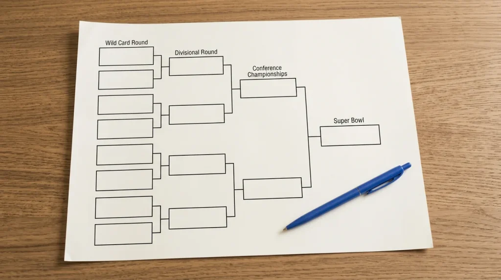 NFL playoff bracket printed on paper with matchup lines and round labels on a desk beside a pen