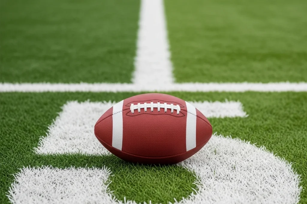 American football on a yard-line marker with the painted numbers of a gridiron field visible beneath it