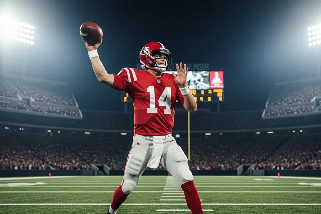 NFL quarterback throwing a pass under stadium lights with a scoreboard visible in the background