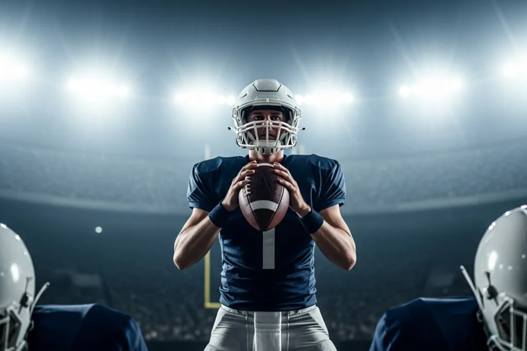 NFL quarterback throwing a pass with betting prop lines for passing yards and touchdowns displayed alongside
