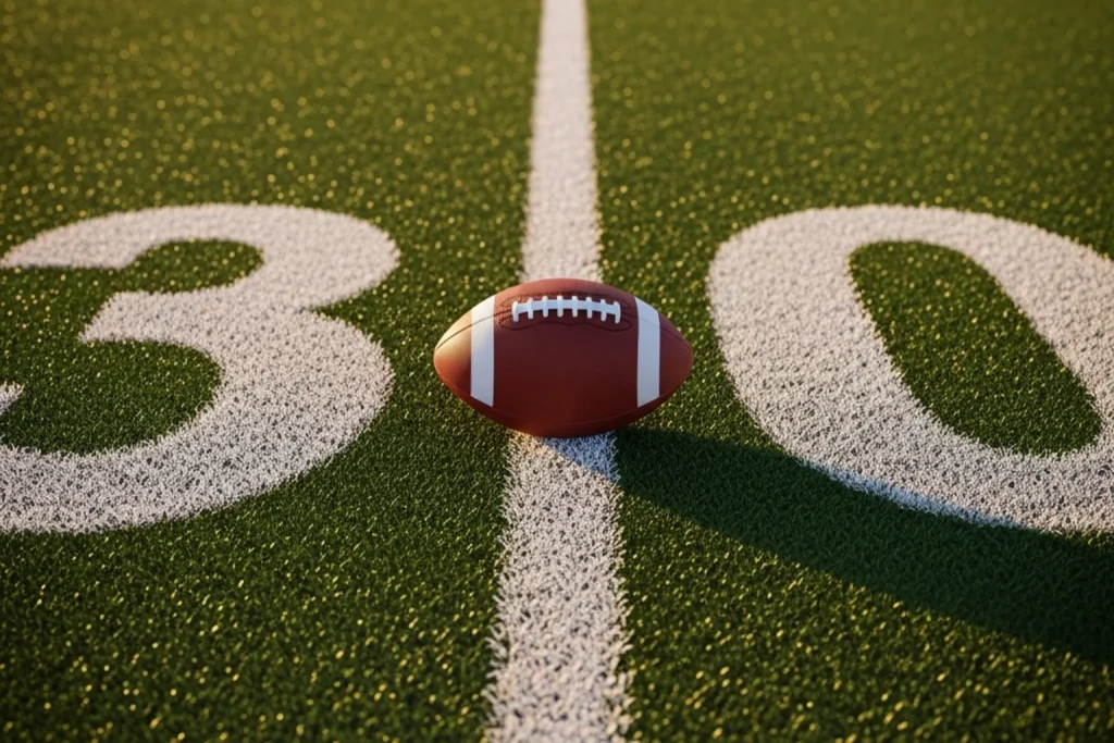 Close-up of multiple NFL game elements on a single field including a football and yard markers