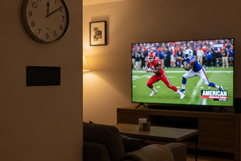 Wall clock showing evening time alongside a television displaying an NFL game broadcast in a UK living room