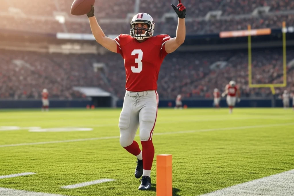NFL player in full kit celebrating a touchdown in the end zone of an outdoor stadium