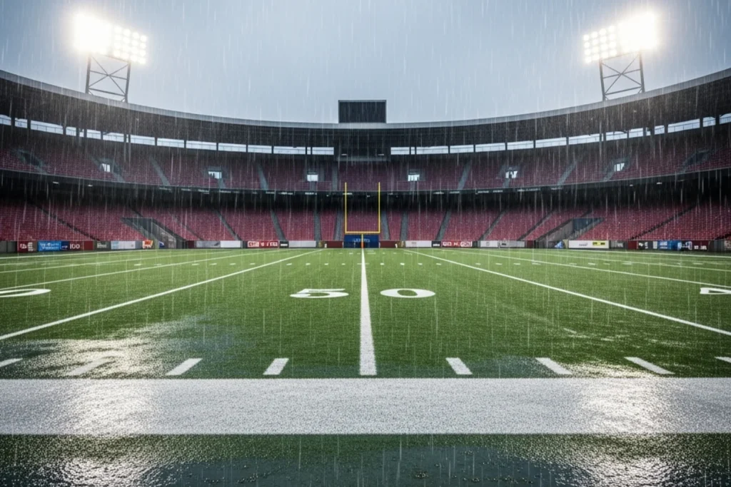 NFL outdoor stadium during a game played in heavy rain with visible wet conditions on the grass field