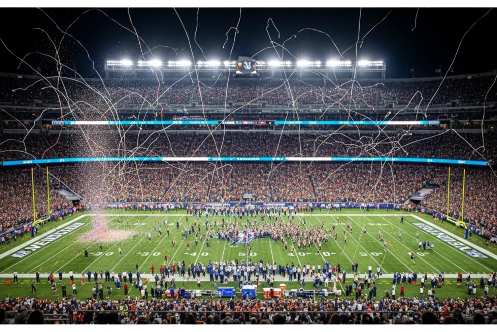 NFL stadium set up for the Super Bowl with confetti and streamers falling across the field
